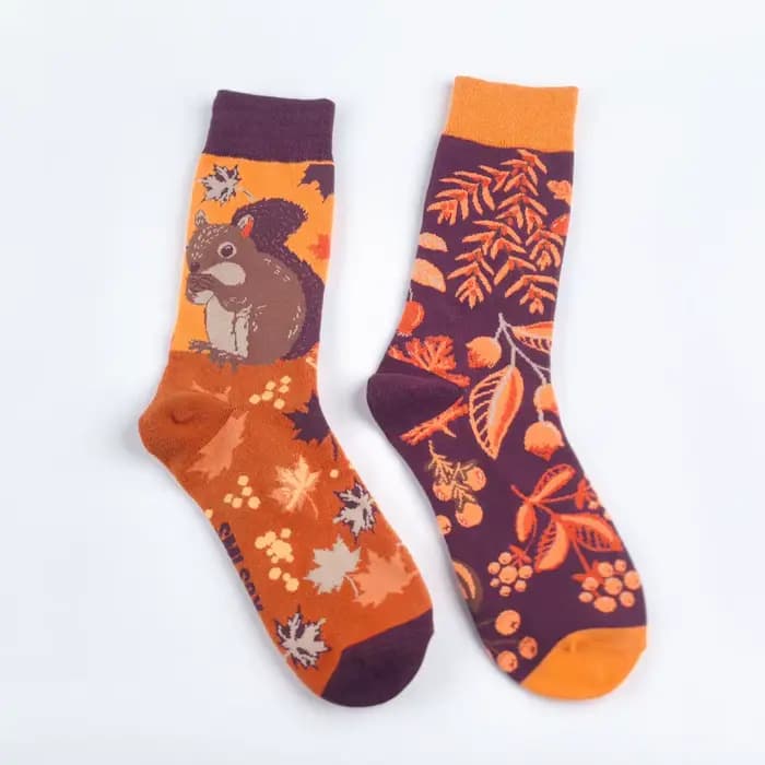 1 paire d'écureuils forestière et noix tombées, chaussettes mi-mollet tendance pour unisexe, adaptée