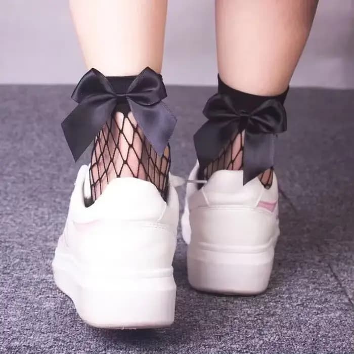 Femme chaussettes maille chaussettes nœud résille cheville haute dentelle filet de poisson Vintage c