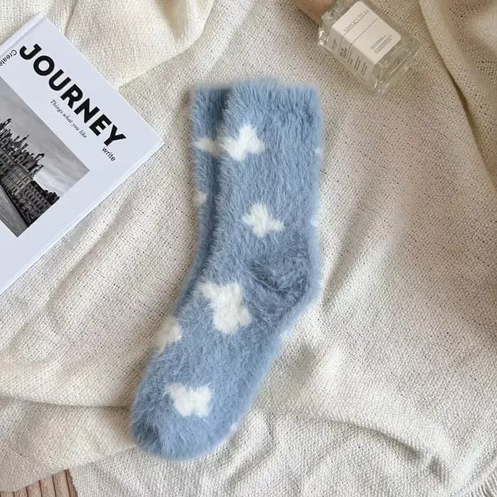 Chaussettes en peluche moelleuses pour femmes, tube moyen, mignon, papillon, nuage blanc, dessin ani