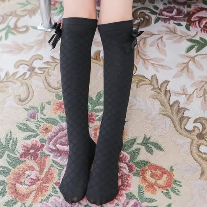 Chaussettes hautes à nœud papillon pour filles,à carreaux, style décontracté, en élastique, longue, 