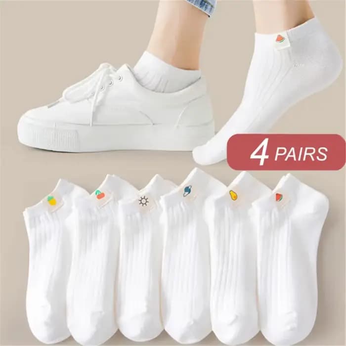 4 paires de chaussettes courtes en coton avec étiquette en tissu de fruits de dessin animé, basses à