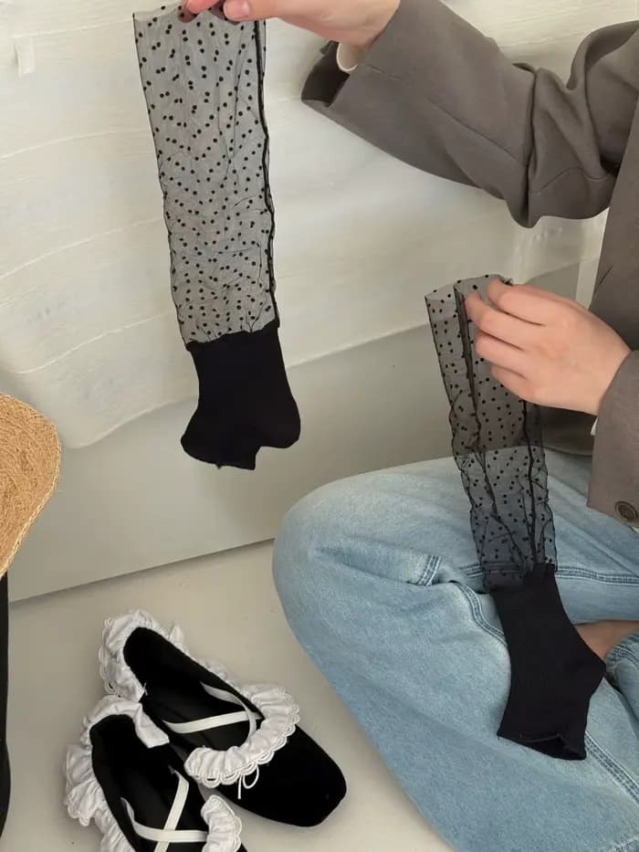 Chaussettes à pois en maille patchwork, texture transparente, printemps-été, esthétique unique, resp