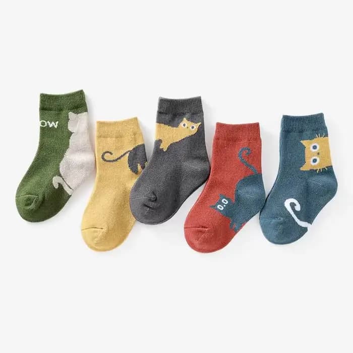 5 paires de chaussettes pour enfants, motif de chat de dessin animé, confortables et respirantes, po