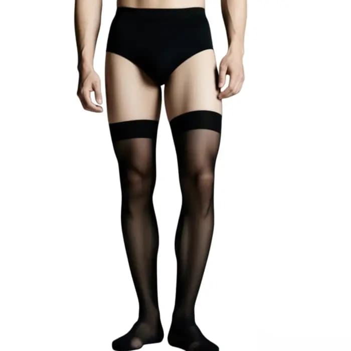 Bas en soie bleu marine pour hommes sexy, chaussettes hautes pour homme, bas de jambe pour petit ami