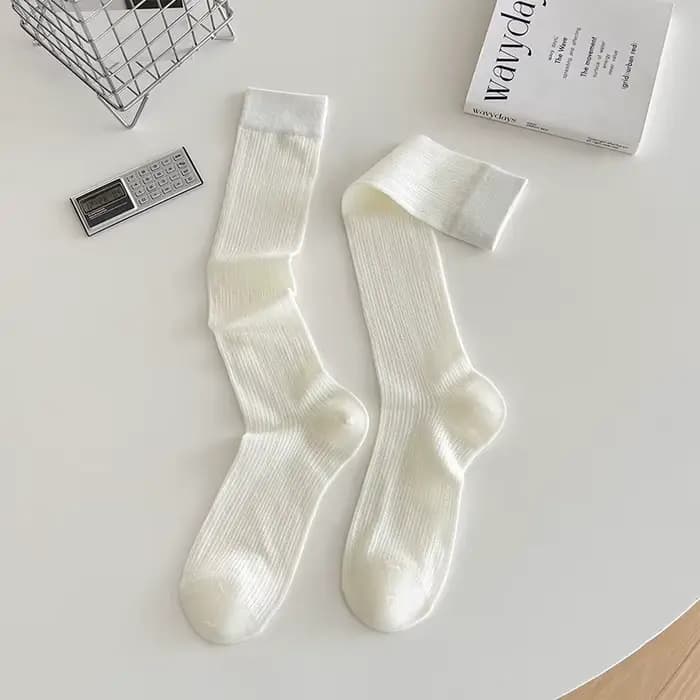 Chaussettes hautes côtelées verticales pour femmes, en coton doux et extensible, couleur unie, longu