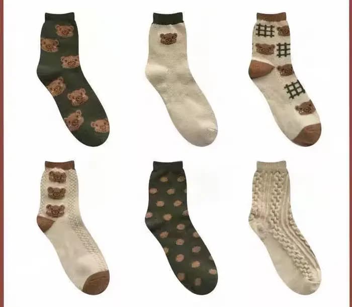 Chaussettes respirantes pour femmes, 6 paires, style rétro, niche, Mori, dessin animé, ours, solide,