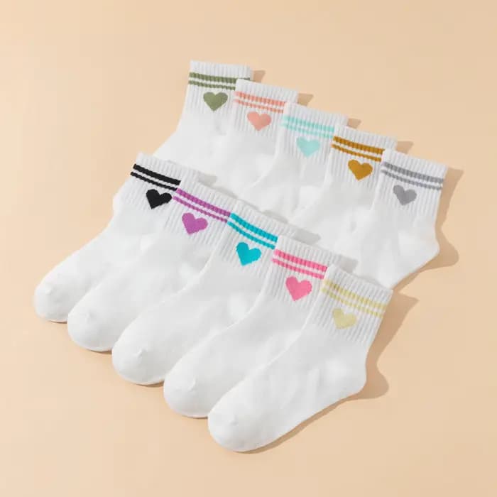 10 paires de chaussettes blanches pour enfants, avec rayures en forme de cœur et doubles hexagonaux,