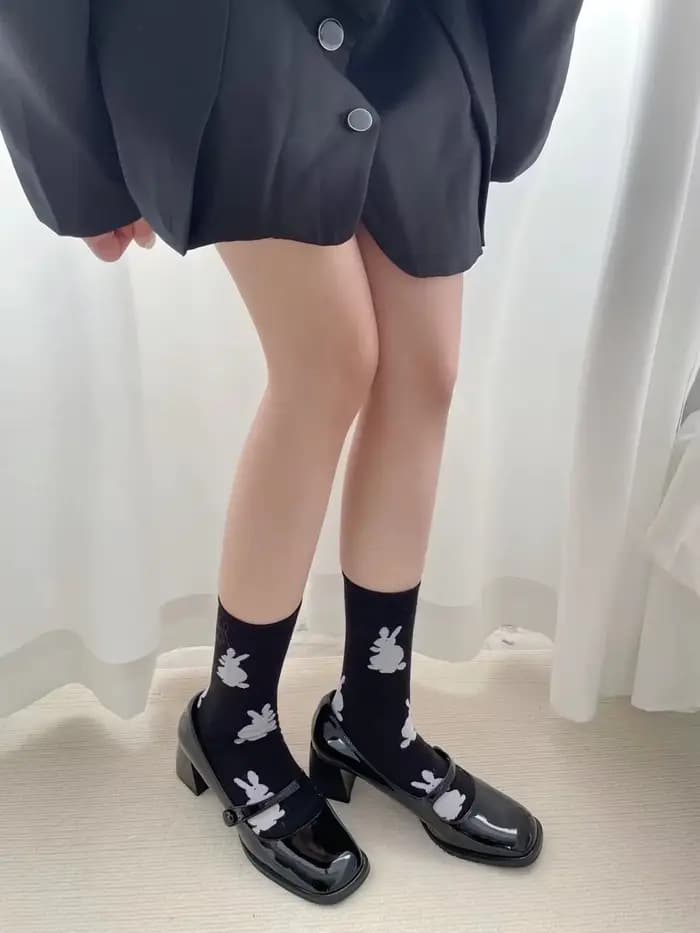 Chaussettes mi-mollet pour femmes, motif lapin mignon, en coton, respirantes, couleur unie, style si