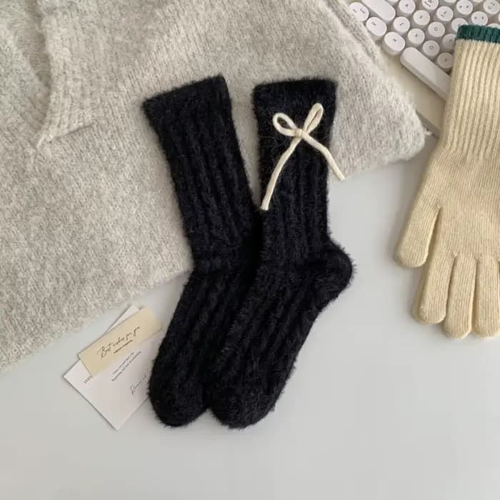 Chaussettes coréennes pour femmes et filles, couleur unie, avec nœud, Kawaii, douces et mignonnes, m