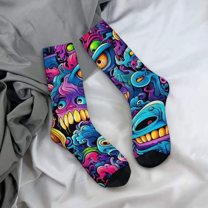 1 paire Hip Hop rétro violet monstre fou hommes chaussettes de Compression Harajuku sans couture imp