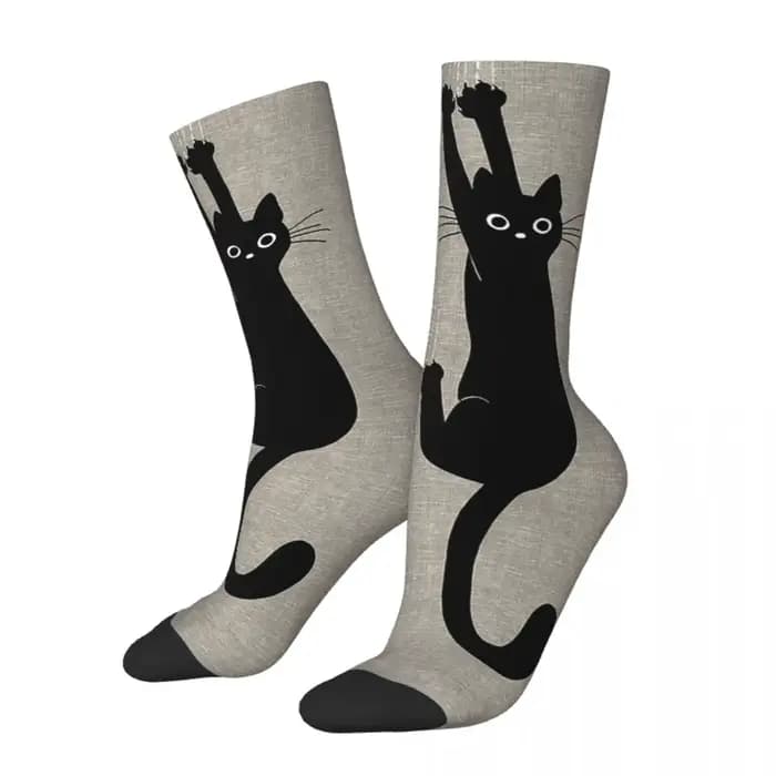 Chaussettes drôles et joyeuses pour hommes, chat noir tenant sur rétro Harajuku Hip Hop sans couture