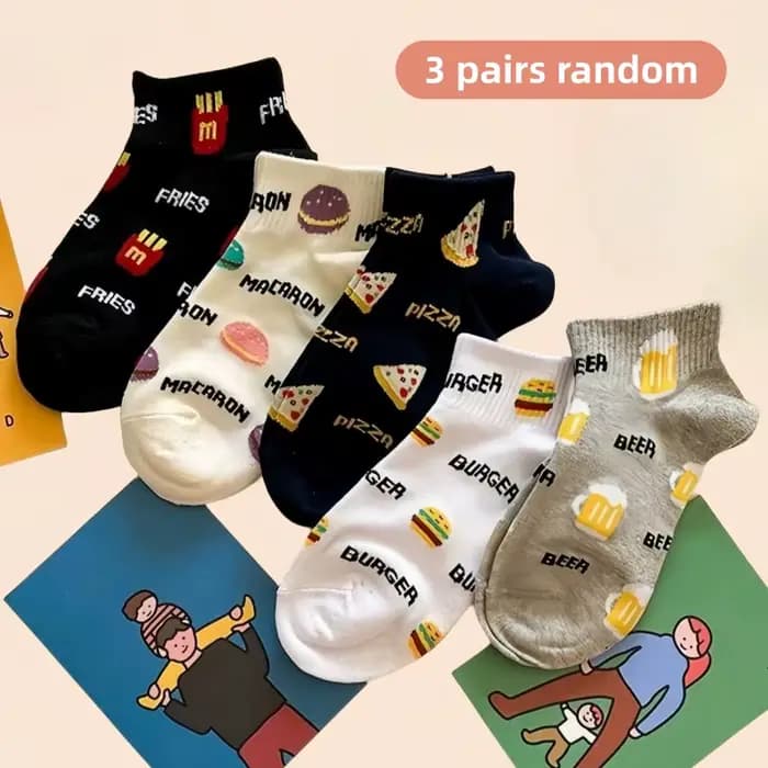 3/5 paires de chaussettes mignonnes pour femmes, avec motifs hamburger, pizza et frites, chaussettes