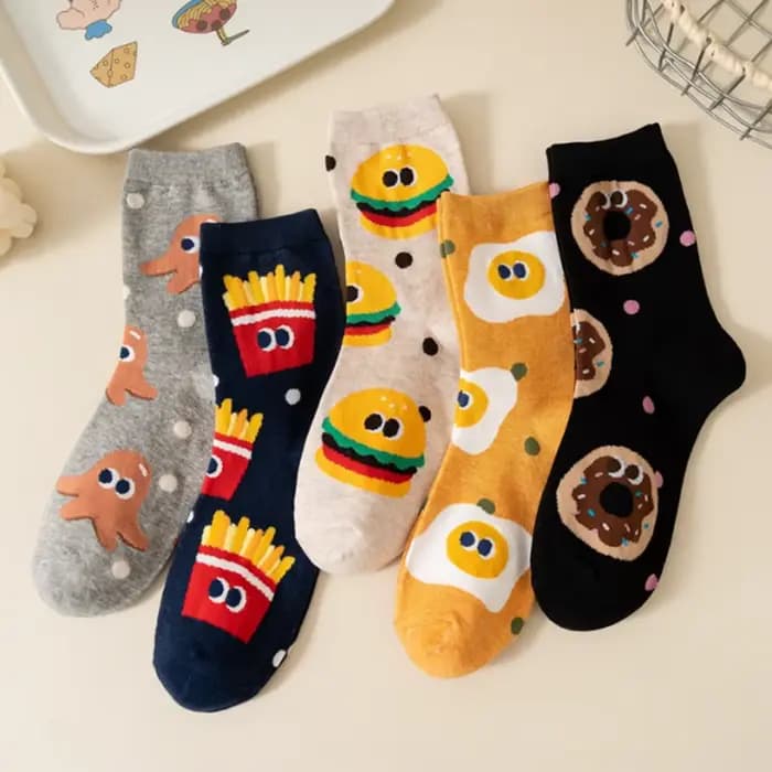5 paires/pack femmes filles chaussettes mignon dessin animé nourriture coton chaussettes Burger frit