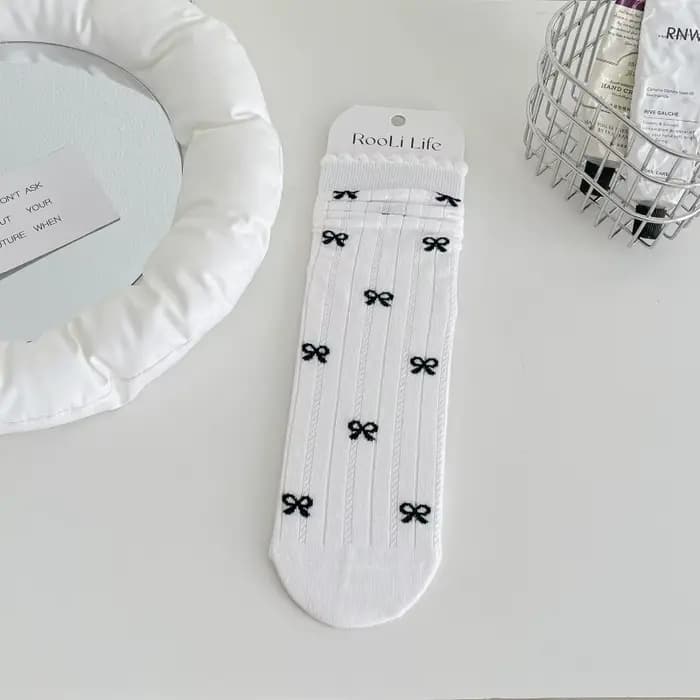 1 Paire de Chaussettes Mi-Mollet pour Femme à Motif Nœud, Style Collège, Chaussettes Superposées pou