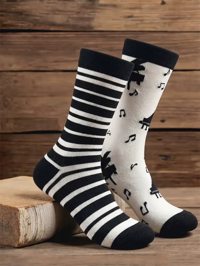 Chaussettes en coton amusantes à rayures contrastées pour hommes, motif piano, noir et blanc, cadeau