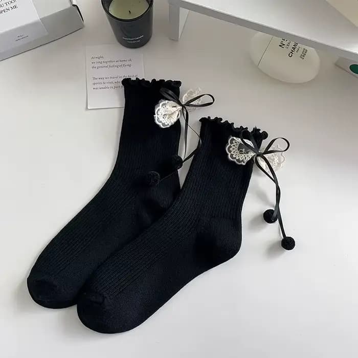 Chaussettes mi-tube en dentelle avec nœud pour femme, chaussettes respirantes, chaussettes latérales