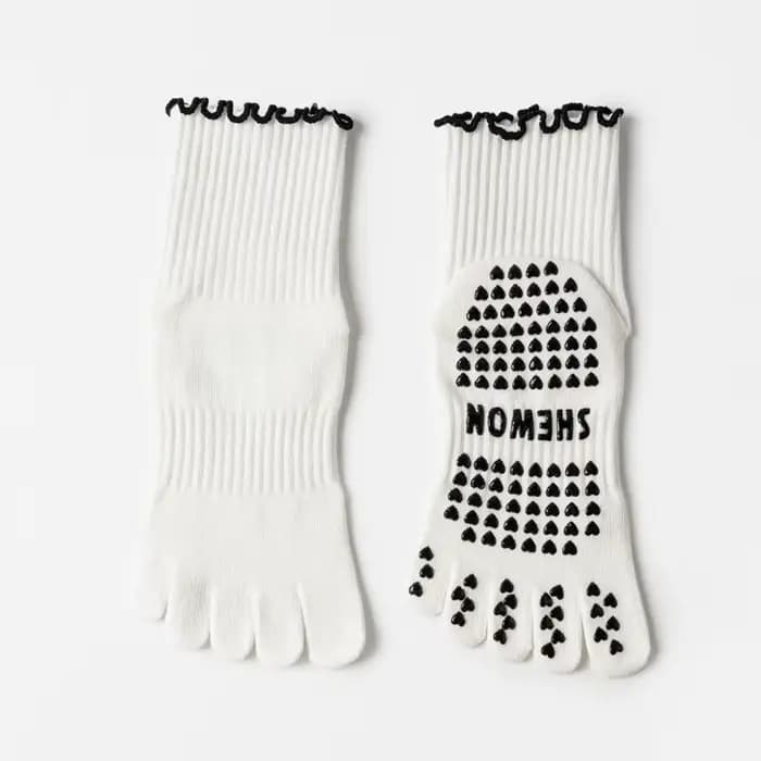 Chaussettes Pilates à cinq orteils pour femmes, en coton, avec bord festonné, antidérapantes en sili