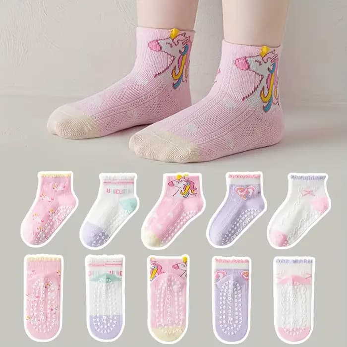 5 paires de chaussettes de sol pour enfants avec colle en dentelle, motif cœur licorne, garçons et f
