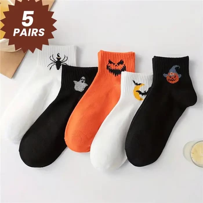 5 paires de chaussettes fantaisie d'Halloween pour hommes : modèles effrayants, coton respirant, mi-