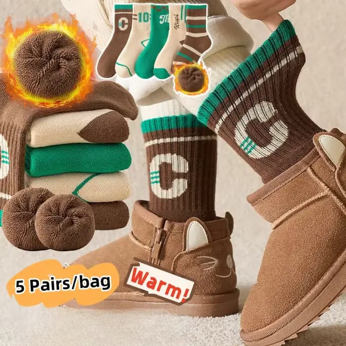Lot de 5 paires de chaussettes d'hiver pour enfants, en coton épais, tient au chaud, avec motif de l