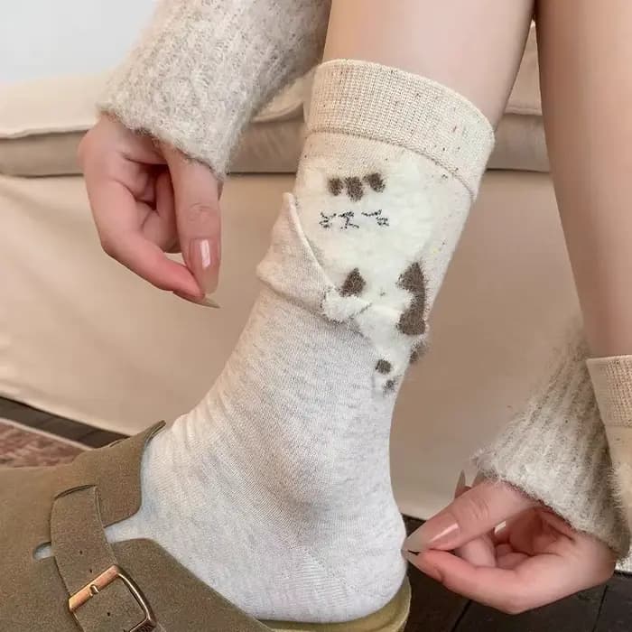 Kawaii dessin animé chaton polaire mi-mollet chaussettes bloc peluche chat imprimé automne chaud cot