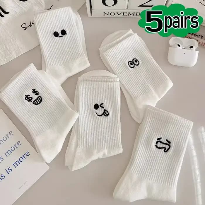 5 paires d'expressions émotionnelles mignonnes chaussettes chaudes pour femmes blanc Kawaii bas brod