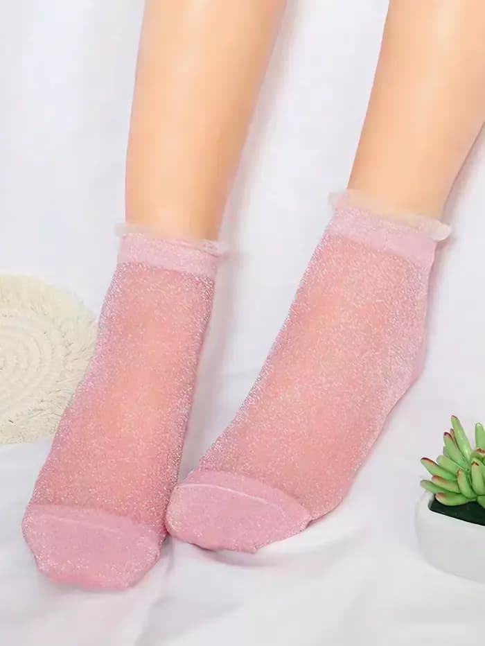 1/2/3 paires de chaussettes courtes en maille rose à paillettes pour femmes |   Bordure en dentelle 