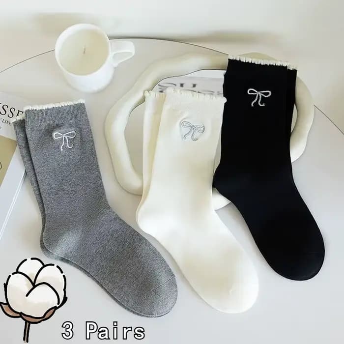 3 paires de chaussettes en coton style ballet avec nœud en dentelle pour femme, chaussettes mi-molle