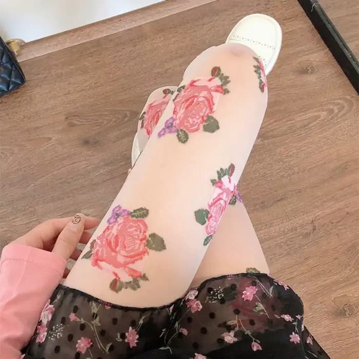 Bas Lolita rose/noir pour femmes, bonneterie fine, collants floraux, maille brodée, 03/3