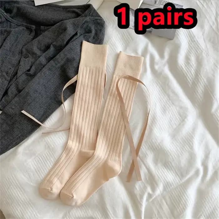 Chaussettes longues pour femmes, haute qualité, couleur unie, nœud doux, hauteur des genoux, fines, 