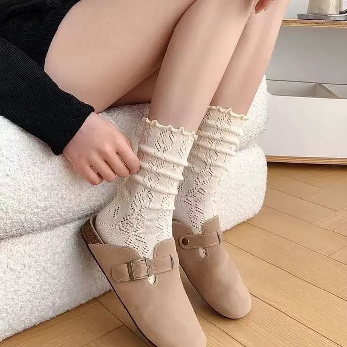 Chaussettes pour femmes avec bordure en dentelle, maille ajourée, respirantes, amples, couleur unie,