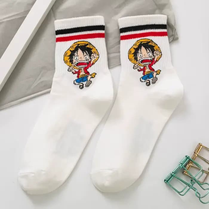 Chaussettes pour bébés et enfants, en coton, motif dessin animé Luffy, mi-longues, couleur unie, déc