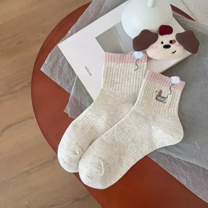 Chaussettes tricotées en coton pour femmes, chaussettes brodées de dessin animé Punny, mignonnes, St
