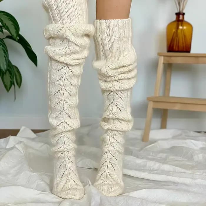 Chaussettes en laine empilées au-dessus du genou pour femmes, jambières solides, maille creuse, chau