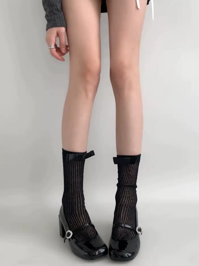 Chaussettes Femme Printemps-Été Ultra-fines à Nœud et Rayures Verticales, Respirantes et Douces, Ten