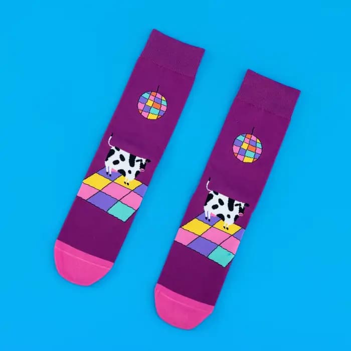 1 paire de chaussettes amusantes sur le thème de la vache Disco, Design prêt pour les fêtes, mode te