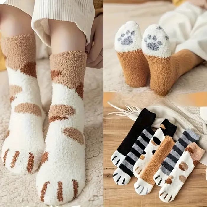 Chaussettes mi-mollet en molleton de corail pour femmes, épaisses, flocées, mignonnes, chat de dessi