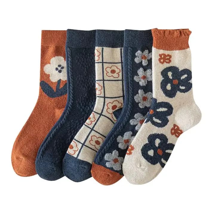 5 paires de chaussettes tricotées à Tube moyen rétro pour femmes, chaussettes en dentelle décontract