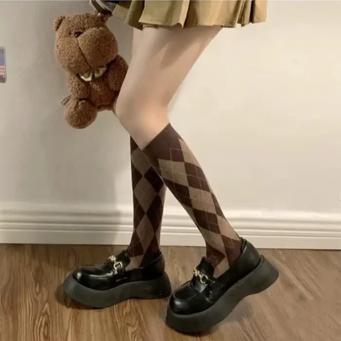 Chaussettes femmes diamant motif à carreaux chaussettes au genou hiver chaud coton Lolita collège St