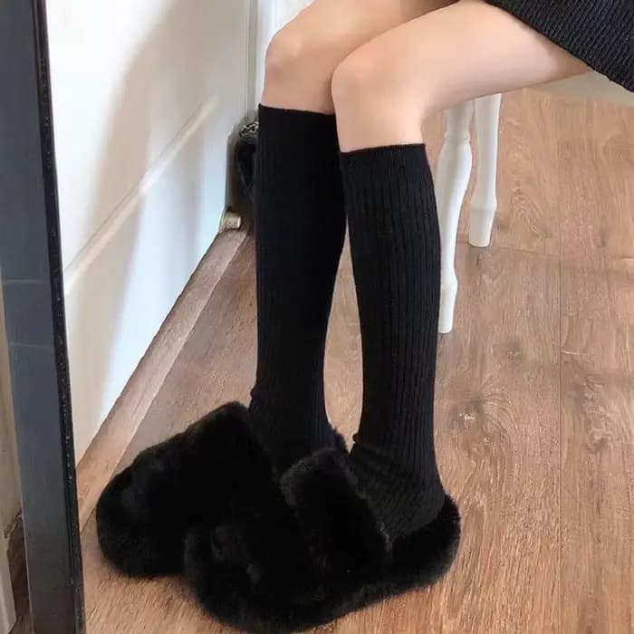 Chaussettes tricotées pour femmes, couleur unie, rayures verticales, chaudes, longueur aux genoux, m