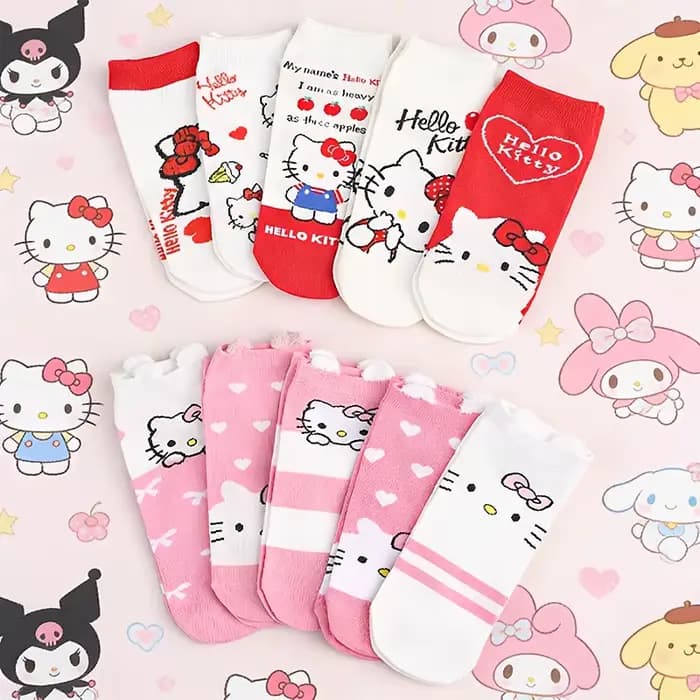 Sanrio 5 paires de chaussettes droites polyvalentes à motif de la série Hello Kitty, à la mode, douc