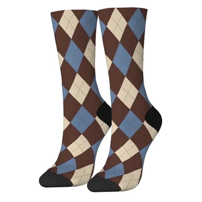 Chaussettes de style britannique vintage, imprimé diamant argyle marron avec chaussettes unisexes à 