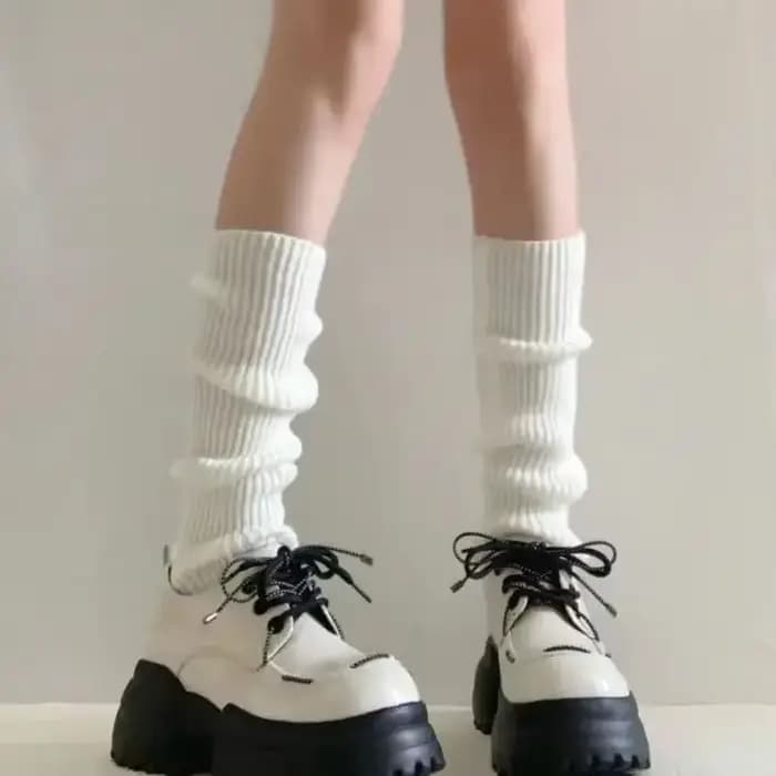 Jambières Lolita 42/52/72cm, chaussettes tricotées Y2K, couvre-pieds chaud, blanc et noir, chauffe-j