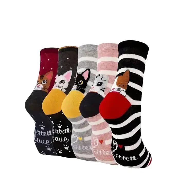 5 paires de chaussettes chat mignon pour femmes, chaussettes d'équipage d'animaux de dessin animé, c