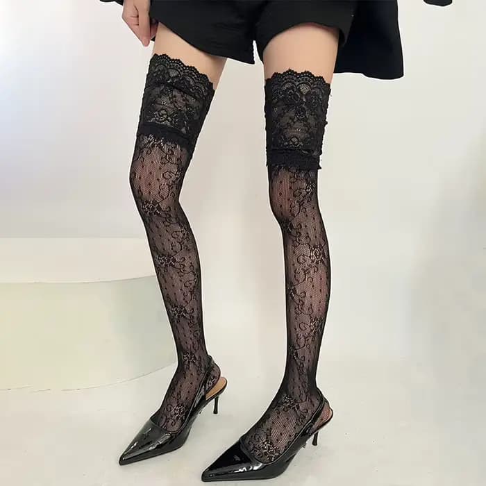 Bas Jacquard Sexy en dentelle pour femmes, chaussettes à jambes ajourées, motif Floral, au-dessus du