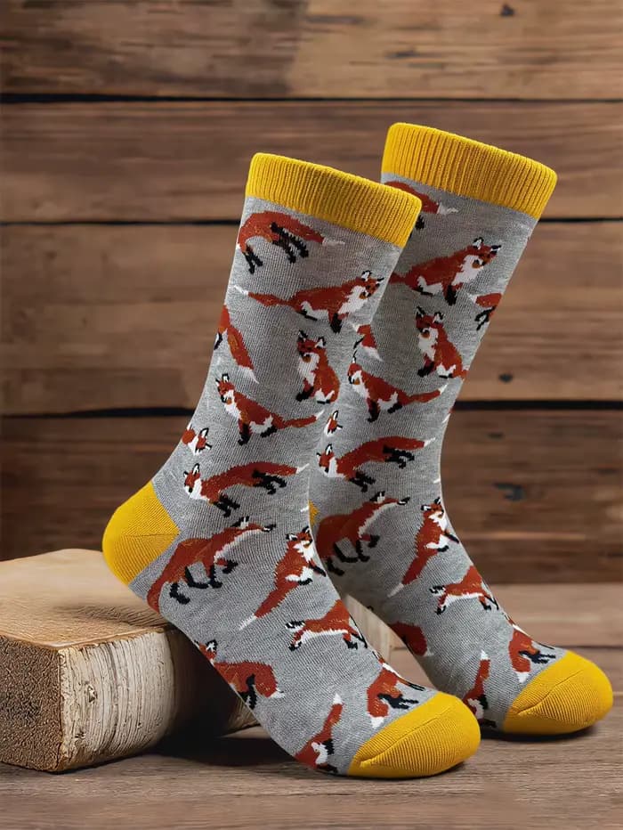 1 Paire de Chaussettes en Coton à Motif Renard de Dessin Animé Mignon pour Hommes, Chaussettes Mi-Ha