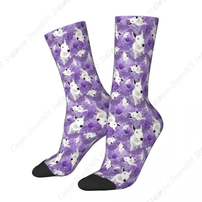 Chaussette imprimée en polyester pour homme, chaussettes violettes pour chien de genévrier, Bull Ter