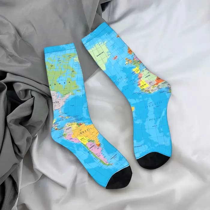 Chaussettes vintage avec carte du monde, chaussettes vintage pour hommes, chaussettes douces, chauss