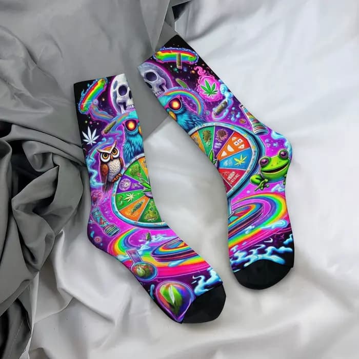 Chaussettes mi-mollet pour hommes, imprimé ciel étoilé Owl Roulette, style psychédélique, streetwear