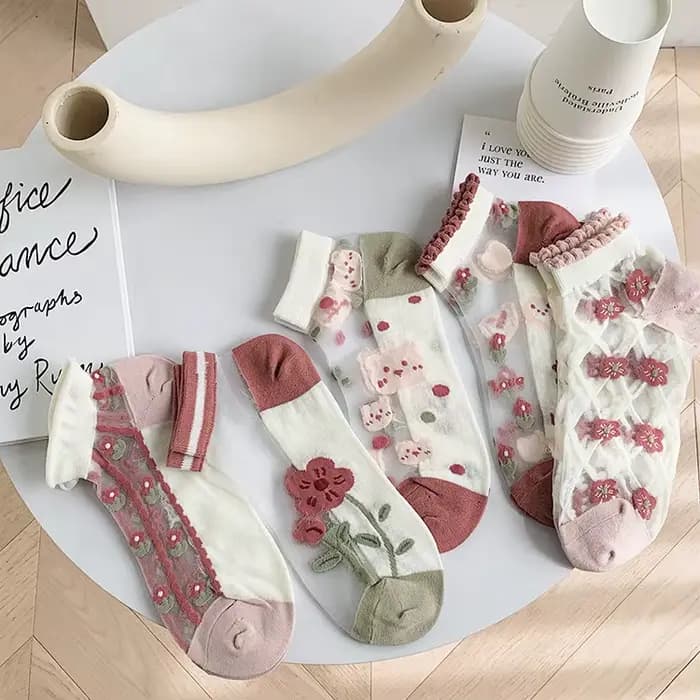 InjSocks-Ensemble de chaussettes roses pour femmes, pack de chaussettes d'été pour femmes, fleur mig